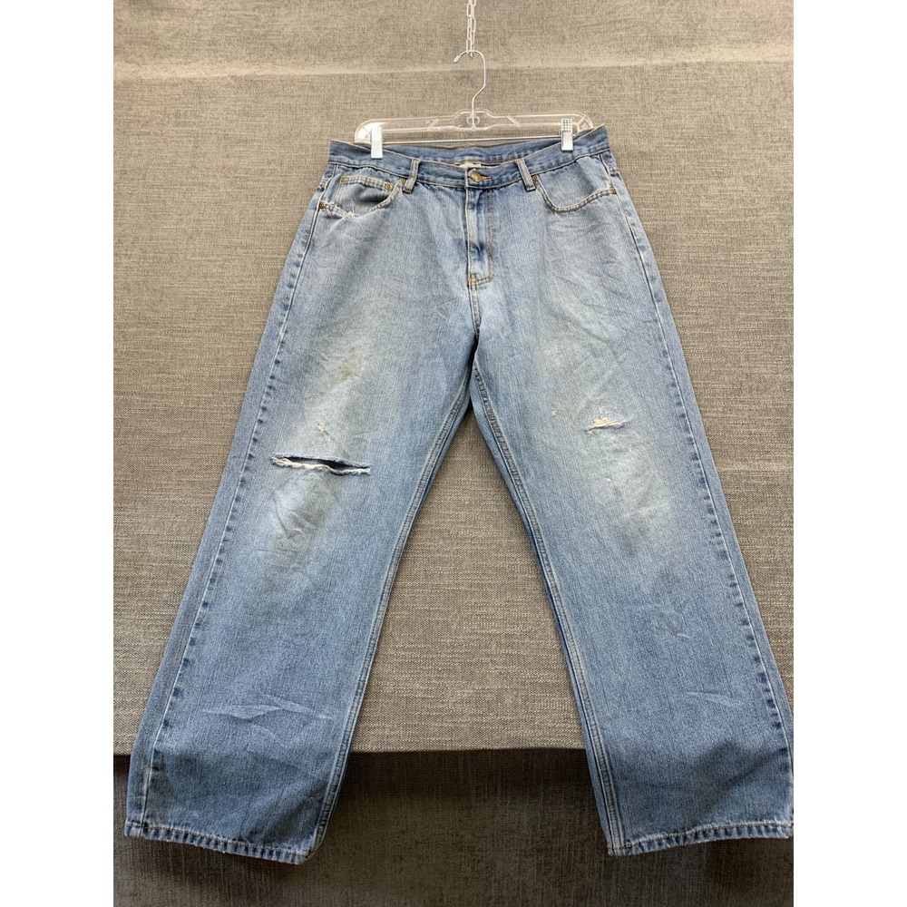 Open Trails Jeans Mens 34x30 Blue Denim Hipster Mid Rise Straight Leg Distressed